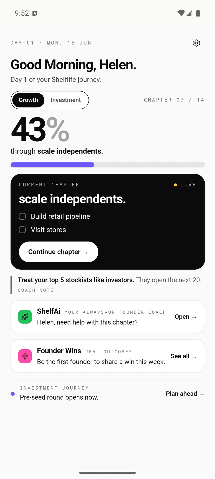 Shelflife app home screen showing progress, current chapter, ShelfAi and Build in Public